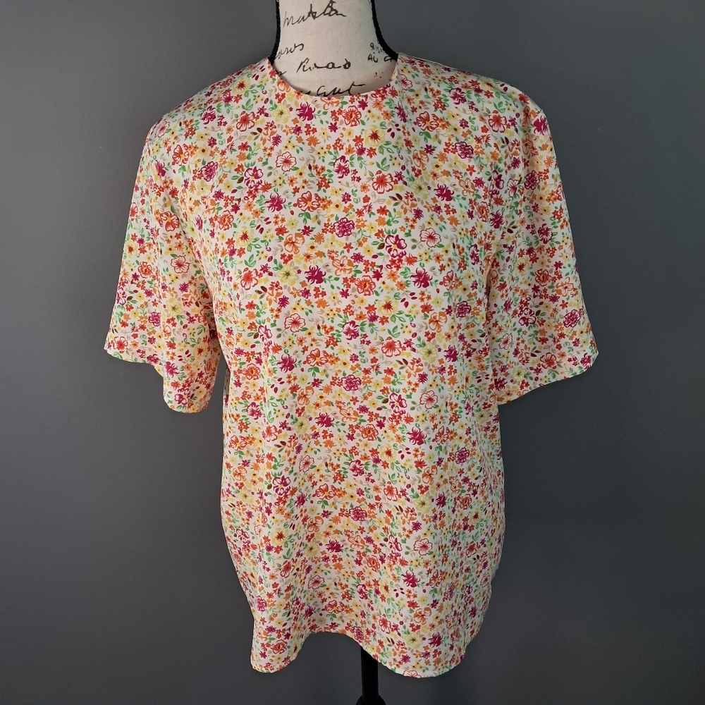 Vintage Worthington Pink Orange Floral Pullover Blouse Top Shirt Size Medium